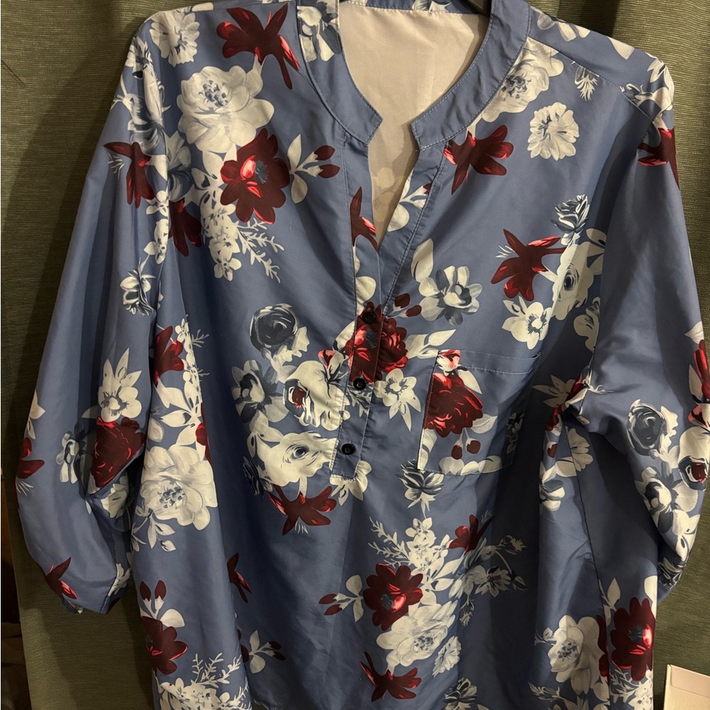 Floral Split-Neck Blouse in Periwinkle with White & Burgundy Flowers